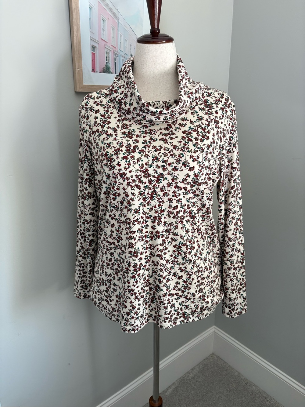 L.L. Bean Cream Cowl-Neck Long Sleeve Top with Burgundy & Green Floral Print